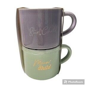 Modern Expressions Stackable Mugs Set Of Two NIB Green Grey Ceramic Coffee Cups